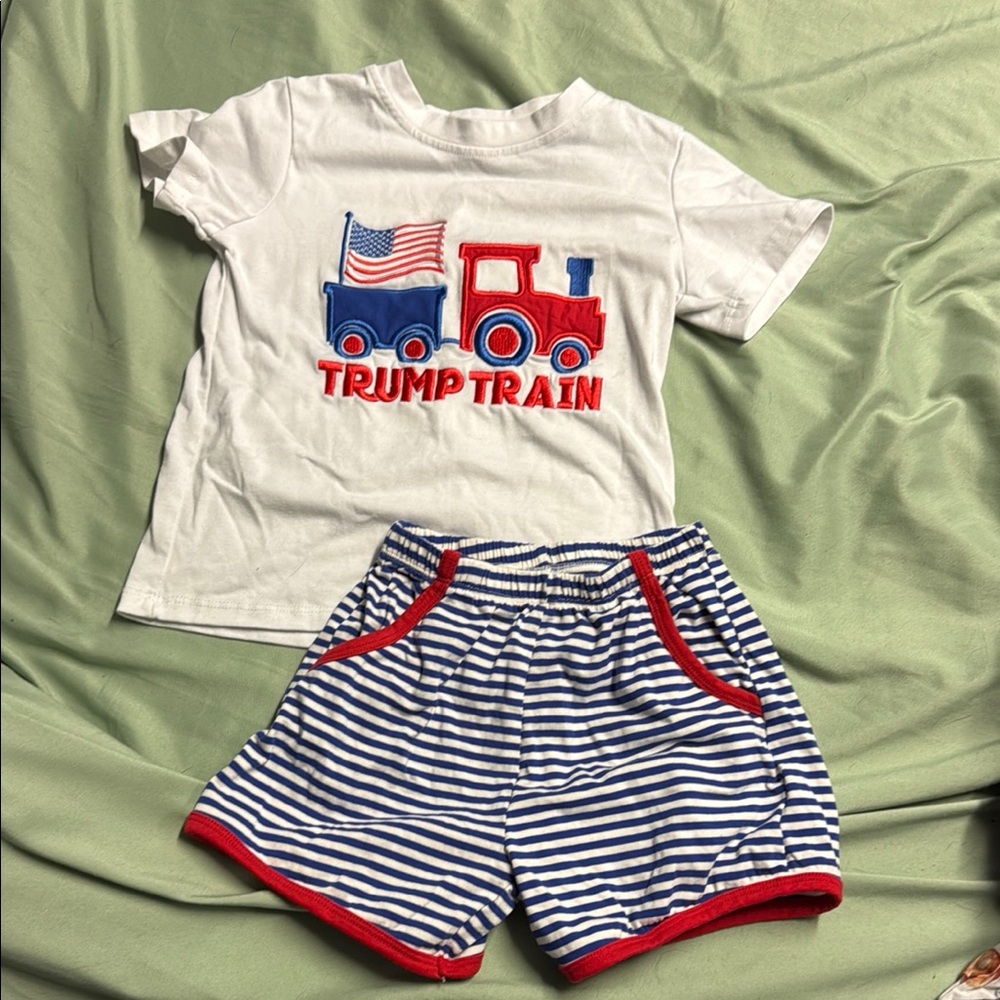 White Trump Train Graphic T-Shirt and Striped Shorts Set